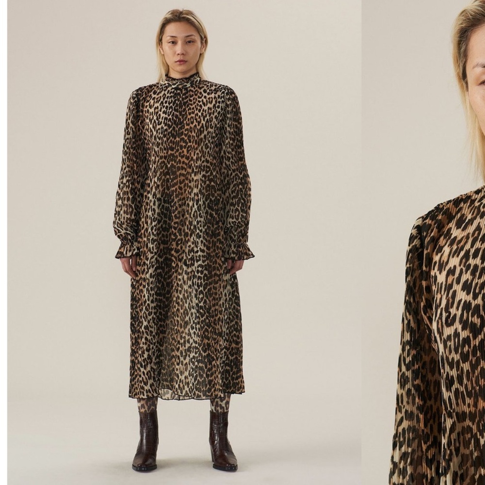 Ganni Leopard Pleated Georgette Dress - Picture 3 of 13